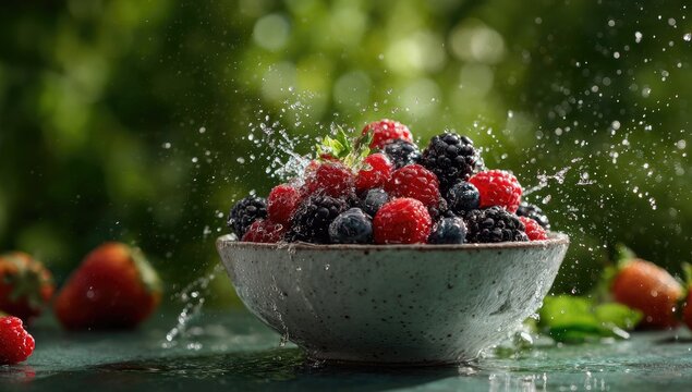 A speckled bowl brimming with raspberries, blackberries, and blueberries is splashed with water against a blurred green backdrop; fresh strawberries are scattered nearby