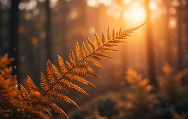 Golden Fern in a Misty Forest at Sunrise. A close-up of a vibrant golden fern leaf bathed in the warm light of sunrise.