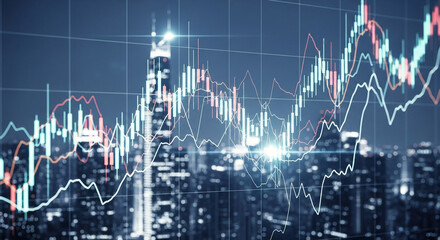 A financial stock market graph overlaying a modern cityscape at night, representing economic trends, investment analysis, and business growth