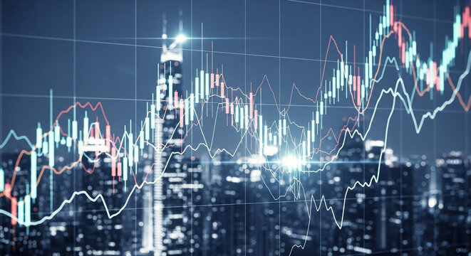A financial stock market graph overlaying a modern cityscape at night, representing economic trends, investment analysis, and business growth