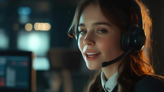 Communication operator wearing headset in studio. Focused on digital audio equipment for music, voice-over, or virtual events.