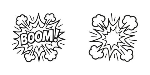 Comic explosion vector illustration with boom text and cartoon style black outline artwork