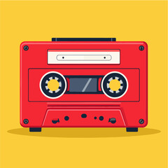 Naklejka premium A vibrant, red cassette tape illustration against a bright yellow background evokes retro vibes and nostalgia for the 1980s and 1990s era of music listening.