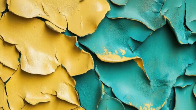 A close-up shot of peeling paint on a wall, with flakes and layers removed