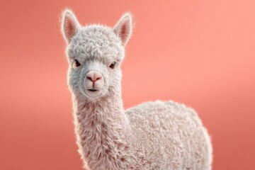 Obraz premium A fluffy white alpaca portrait with a soft, textured coat and endearing eyes stands against a warm coral backdrop, showcasing its gentle nature and unique charm.