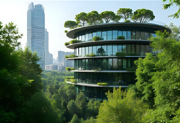 A modern futuristic green ecological city with many plants and a round buildings in the center; solarpunk city