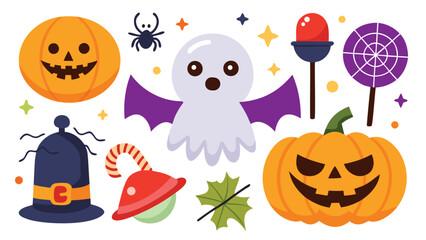 Cartoon halloween themed image with pumpkins ghost spider and other spooky elements present here