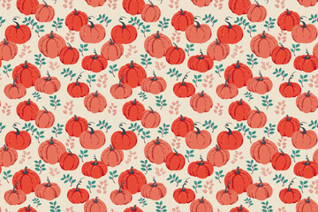 Seamless vector pattern featuring hand drawn pumpkins and colorful autumn foliage on a beige background. Template for seasonal designs, packaging, fabric, scrap booking, and fall decor projects
