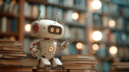 A charming white robot with glowing eyes sits atop stacks of books in a library, its metallic details and retro design creating a whimsical and educational scene.