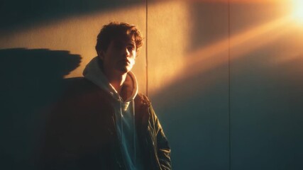 Young man sitting in dimly lit room with soft warm sunlight streaming through a window, contemplative and relaxed mood, casual attire, introspective atmosphere - Powered by Adobe