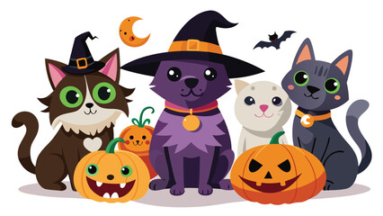 Cartoon halloween scene featuring cats in witch hats with pumpkins and a crescent moon in the background
