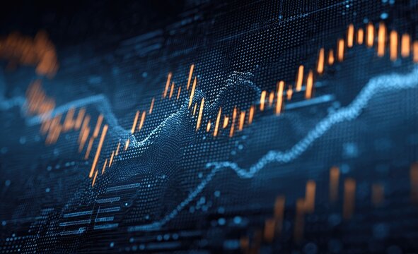 Abstract digital graph depicting fluctuating market data, shown as a dynamic waveform with glowing orange highlights on a dark blue, pixelated background