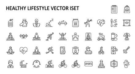 Healthy Lifestyle Vector Icon Set | Fitness, exercise, wellness, diet, rest, sleep, sport, meditation, health monitoring icons