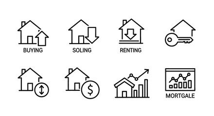 Fototapeta premium Real Estate Icons | Buying, selling, renting, key, fluctuation, dollar, chart, mortgage icons