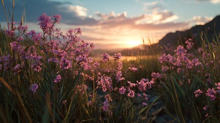 Obraz premium Golden sunset over blooming wildflowers in scenic horizontal landscape
