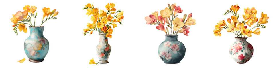 Watercolor Freesia Flowers in Vases Collection Isolated on White