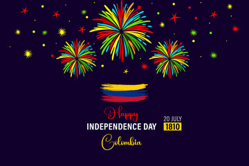 Colombia Independence day modern greeting banner. Festive horizontal templates in flag colors fireworks