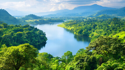 Fototapeta premium Panoramic view of a tranquil river meandering through an untouched emerald forest under a soft sky