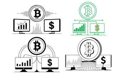 Bitcoin trading and finance icon set with monitors, charts and currency exchange symbols
