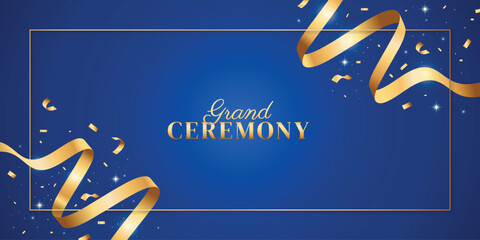 Blue grand ceremony background with ribbon. Modern elegant promotional media design.
