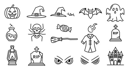 Halloween Vector Icon Set | Spooky, pumpkin, ghost, witch hat, bat, candy, tombstone, lantern, eyes, haunted house, potion, broom, costume, skull