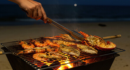 Varies seafood barbecue on the beach at night