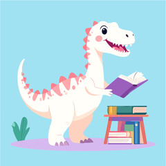 Obraz premium A charming vector illustration of a cartoon dinosaur reading a book, standing next to a small table stacked with colorful books on a cheerful light blue background.
