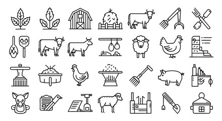 Livestock & Farming Vector Icon Set | Agriculture, animals, barn, hay, cattle, poultry, sheep, pig, farming tools, feeding, rural life icons