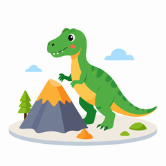 Obraz premium Cute cartoon Tyrannosaurus Rex standing next to a mountain and a fir tree on a white background, perfect for illustrating children's stories and educational materials.