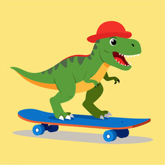 A whimsical illustration features a green cartoon Tyrannosaurus Rex, sporting a red hat and enjoying a ride on a blue skateboard against a light yellow background.