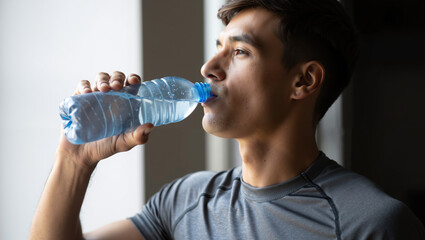 Man drinking water from plastic bottle indoors