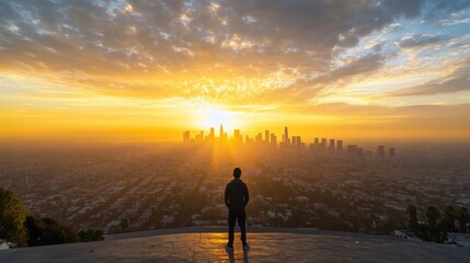 A solitary figure stands on a hilltop, overlooking a city bathed in a golden sunrise