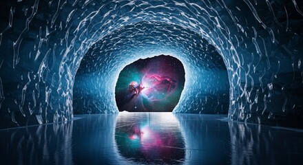 A view of a nebula from an ice cave with reflections on the ground and smooth ice cave walls visible