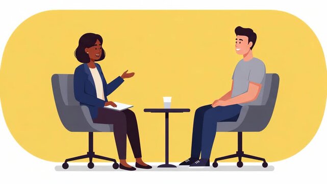 Man and Woman in Therapy Session with Table and Glass of Water Set in a Business Office with Light Yellow Background and Neutral Colored Outfits