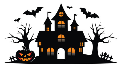 A spooky halloween scene featuring a haunted house bats trees and a jack o lantern in silhouette form