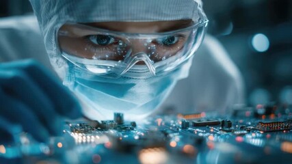 Close-up of a female scientist in protective goggles and mask examining circuitry on a circuit board in laboratory - Powered by Adobe