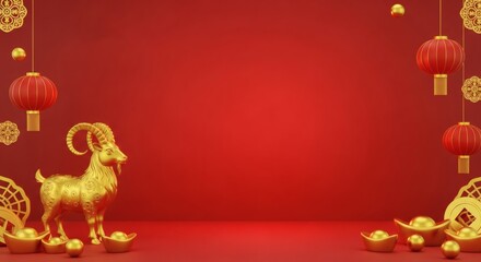 Golden goat statue with red lanterns and ingots for Chinese New Year