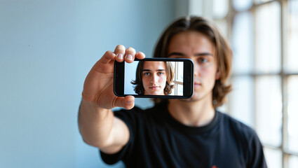Man holding smartphone showing his selfie indoors