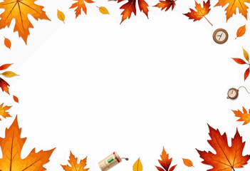 Autumn leaves frame with clock and vintage thermometer  