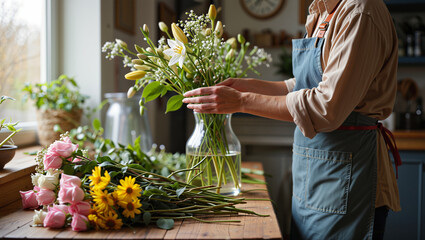 Person arranging fresh flowers in glass vase indoors