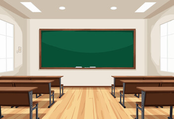 Classroom interior with wooden desks and green chalkboard  