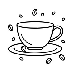 Cute Doodle Outline of Coffee Cup with Flying Beans for Cafe and Morning Theme