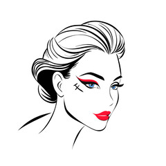 Glamorous Woman Portrait with Red Cat Eye Eyeliner and Bold Lipstick Vector