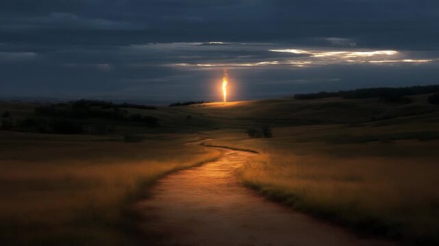 Long road with a bright light in the sky. The road is empty and the sky is cloudy. a symbolic oil flame lighting up a shadowed, undeveloped rural landscape, emerging oil markets