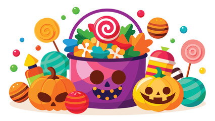 A halloween basket overflowing with candy pumpkins and lollipops on a white background scene vector