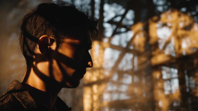 Man with a beard and a shadow on his face.human silhouette with oil rig shadows reflected across face, gritty lighting, emerging oil markets