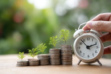 A hand adjusts a white alarm clock next to coin stacks topped with growing plants, against a blurred green background, symbolizing investment growth over time.