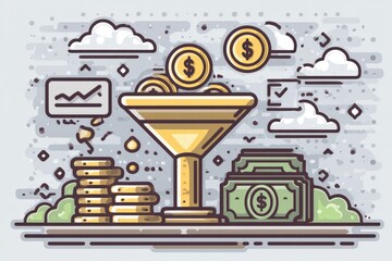 Naklejka premium Engaging visual representation of financial growth showcasing a funnel pouring coins and cash symbolizing investment strategies alongside analytics and economic progress illustrated in a