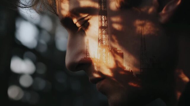 Man's face is captured in a photo with a blurry background. human silhouette with oil rig shadows reflected across face, gritty lighting, emerging oil markets