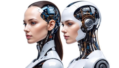 dual-faced portraits (half human, half machine isolated on white background